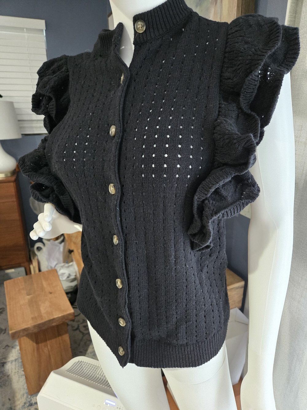 Who What Wear Black Ruffle Sleeve Knit Cardigan